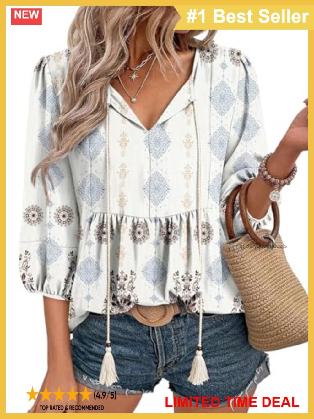 Women's Puff 3/4 Sleeve Babydoll Boho Blouse Peasant Top